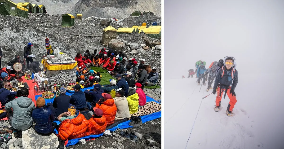 Sherpas y montañistas reunidos alrededor de una estupa durante un ritual en el campamento base del Everest. A la derecha, el alpinista nepalí Nima Rinji Sherpa asciende a la cima del Everest.